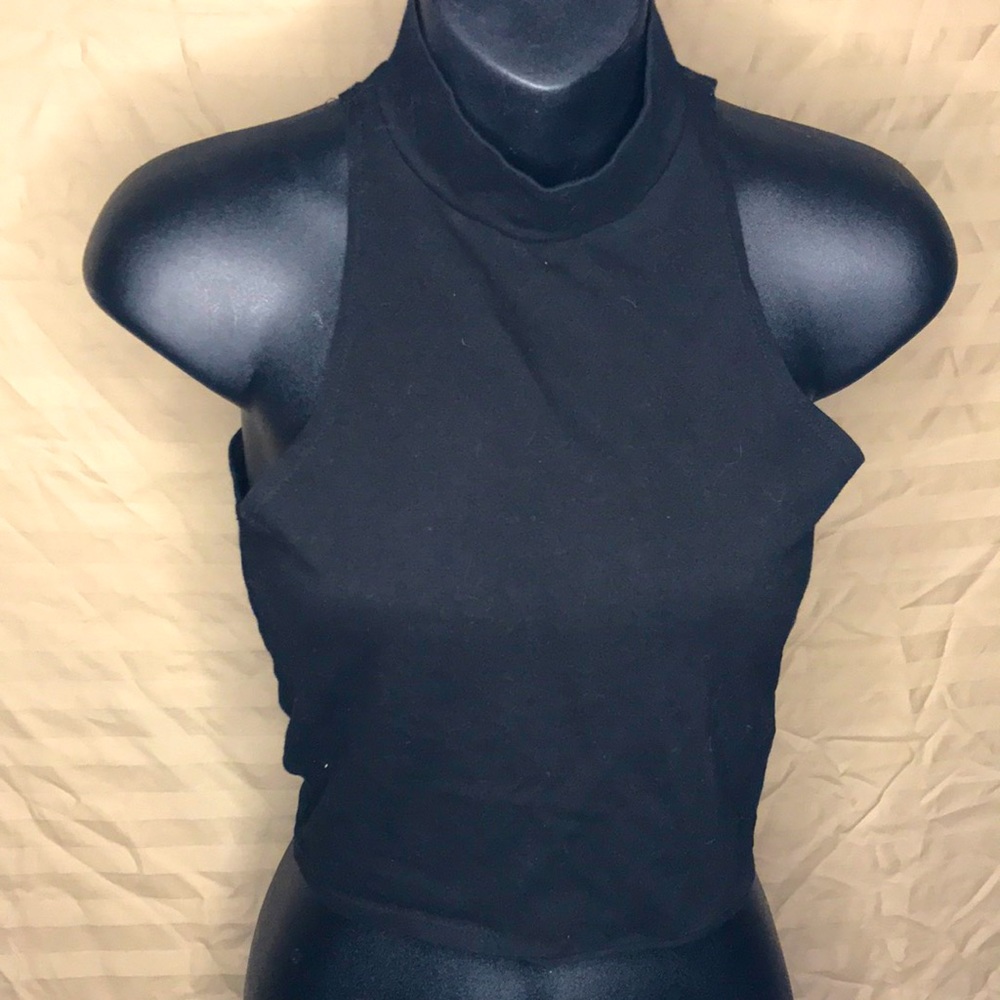 GROCERIES Black Fitted Cropped Halter Top Small
